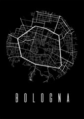 Bologna map vector black poster. Round circular view, street map of Bologna city A4 illustration.