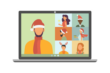 Christmas virtual meeting. Video call with friends at home. Vector illustration.