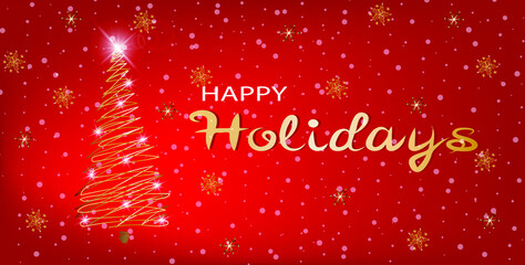 Luxury holidays banner with christmas tree and snowflakes on red background. Modern horizontal template for christmas posters, cards, headers, website.Vector illustration