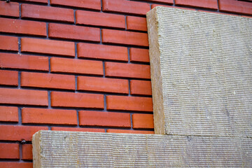 Thermal insulation material, rock wool. Thermal roof insulation layer. Mineral wool or mineral...
