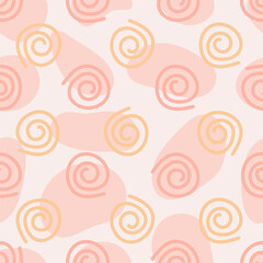 Spirals hand drawn on pink spots vector seamless pattern
