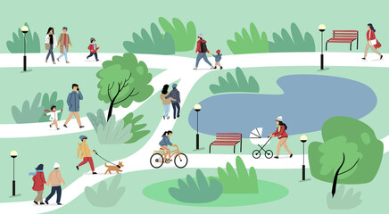 People at park walk leisure outdoor spring time. Cartoon vector characters