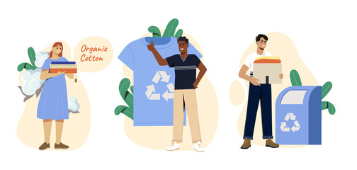 Ethical Clothing Production Selling. Set of men and women in eco friendly recyclable clothing. Characters buy textiles from natural fabrics. Cartoon flat vector collection isolated on white background
