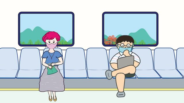 4K footage- cute people are wearing mask in the train to prevent covid-19 with cityscape with cartoon style illustration in animation video