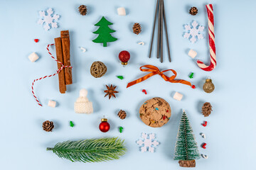 Christmas background of festive objects, festive composition. Flat lay, top view.