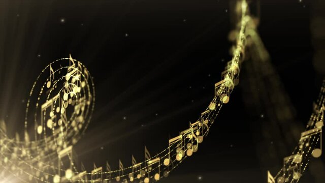 This is a seamless loop background made of musical notes, light rays and flying particles.