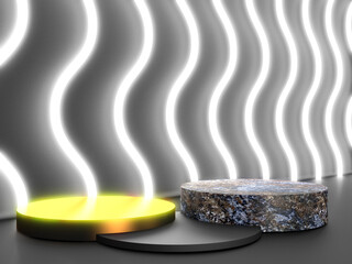 Black stand podium on dark background. Realistic dark platform