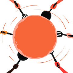 Many hands of different people toss the pancake up. Concept: Fat Tuesday, Cooking Challenge, Pancake Recipe. Vector flat cartoon illustration isolated on white background, eps 10.