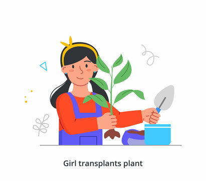Transplanting plants concept. Woman holds shovel and plants flower in pot. Home gardening as hobby. Female character takes care of bushes and trees. Cartoon contemporary flat vector illustration
