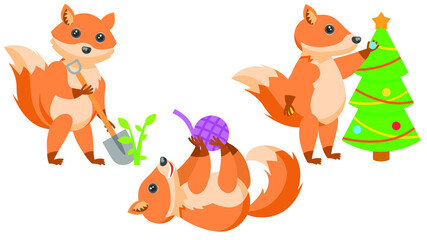 Set Abstract Collection Flat Cartoon 
Different Animal Foxes Decorates The Christmas Tree, Playing With A Ball Of Thread, Digging Potatoes With A Shovel Vector Design Style Elements Fauna Wildlife