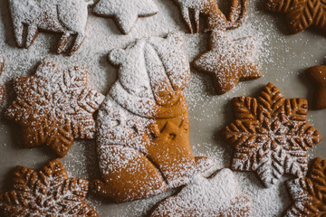 Assorted Christmas gingerbread cookies, sprinkled with powdered sugar, close-up