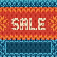 Fototapeta na wymiar Catchy copy space Sale Instagram ad. Cozy copy space vector template on red and blue knitted ornament with snowflakes and SALE text. Square web banner, poster, flyer, Instagram post