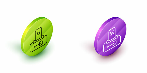 Isometric line Grave with tombstone icon isolated on white background. Green and purple circle buttons. Vector