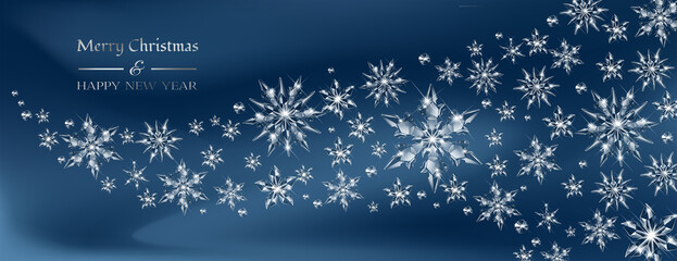Naklejka na ściany i meble Vector realistic transparent wave of snowy wind with glass snowflakes. Sparkling translucent crystals border