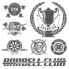 set of logo athletic club for bodybuilding, powerlifting, weightlifting crossfit and fitness training. Barbell club logo vintage design isolated on background. Emblem for gym and training of strongman - obrazy, fototapety, plakaty