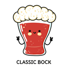 Funny cute happy glass of beer classic bock. Vector hand drawn doodle style cartoon character illustration icon design. Cute glass of beer classic bock mascot