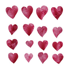 Valentine's day, watercolor illustration. Set of hand painted watercolor hearts. Isolated objects are perfect for Valentine's Day cards or romantic cards, holiday background, design. Valentine message