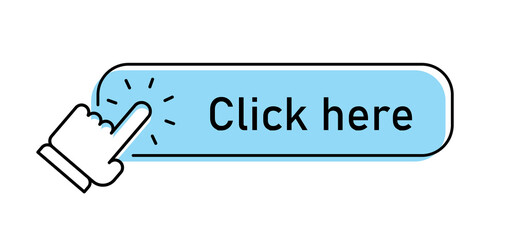Click here button with linear hand clicking icon. Pointer call to action.