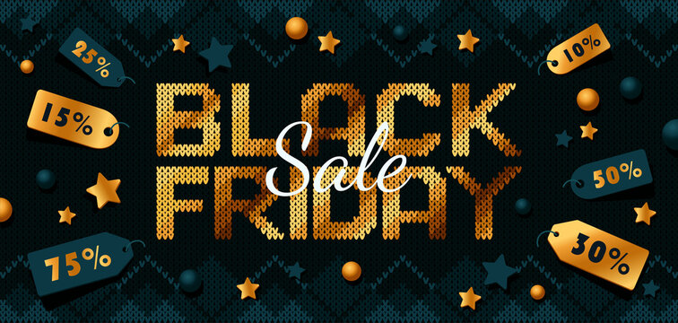 Catchy Horizontal Black Friday ad. Contrast copy space vector composition on black knitted texture with golden BLACK FRIDAY text and discount labels. Horizontal poster, flyer, web banner, header