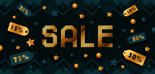 Catchy Sale ad banner. Contrast copy space vector template on black knitted texture with golden SALE text and discount labels. Horizontal poster, flyer, web banner, header