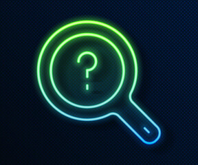 Glowing neon line Unknown search icon isolated on blue background. Magnifying glass and question mark. Vector