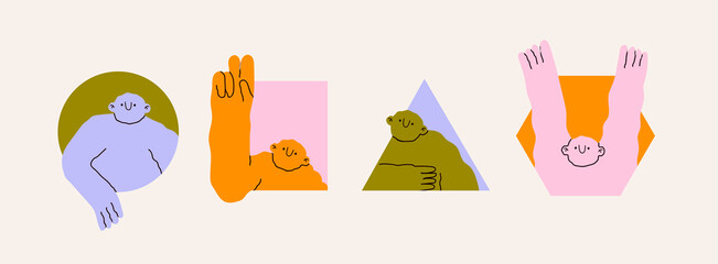 Funny character peeping from the geometric shapes. Cute creature with small head and long arms looking through holes. Cartoon style. Hand drawn trendy Vector illustration. All elements are isolated