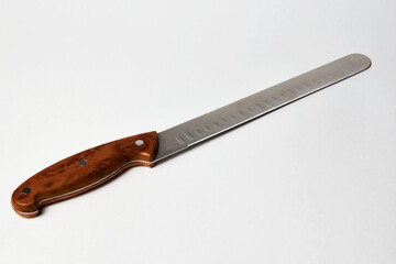 Ham slicer knife on white background with copy space