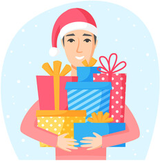 Man in Santa hat holding gift boxes. Buying and preparing Christmas presents for family and friends. Gifts with ribbons and bows. Flat vector illustration.