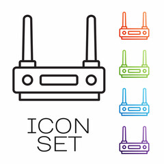 Black line Router and wi-fi signal icon isolated on white background. Wireless ethernet modem router. Computer technology internet. Set icons colorful. Vector