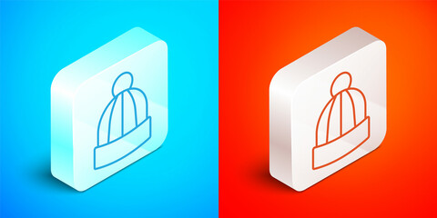 Isometric line Winter hat icon isolated on blue and red background. Silver square button. Vector