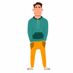 a handsome dark-haired man with his hands in his pockets. Vector illustration in a flat cartoon style.