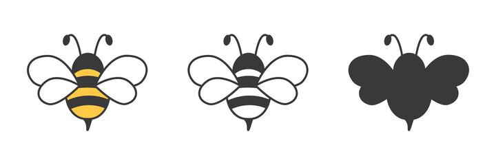 Cute bee set. Color, black and white, silhouette bee collection. Vector illustration for drawing. - obrazy, fototapety, plakaty