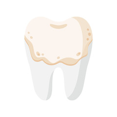 Vector cartoon tooth with dental yellow plaque disease.