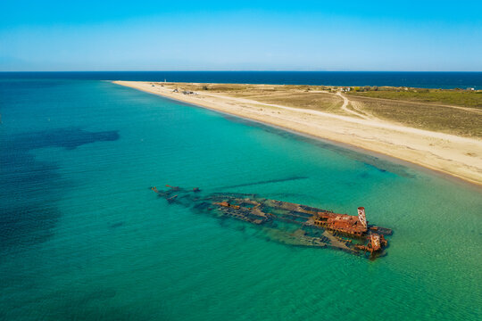 Aerial view of shipwreck Epanomi in the Aegean sea in Halkidiki. Greece