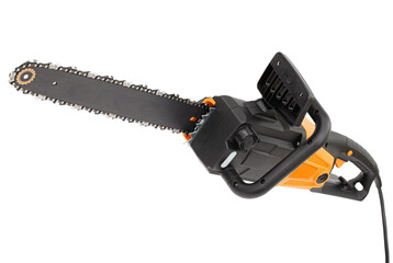 Orange electric chain saw, isolated on white background