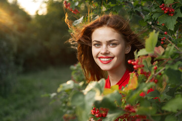 smiling woman red lips posing nature fresh air summer