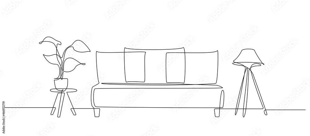Poster continuous one line drawing of sofa and loft lamp and table with plant. living room interior in bohe