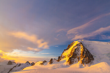 Beautiful sunrise colors in the French Alps in winter