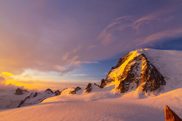 Beautiful sunrise colors in the French Alps in winter