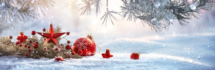 Winter Sunny Landscape with Spruce Branches. Christmas Decoration - obrazy, fototapety, plakaty