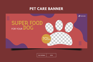 modern pet shop horizontal lbanner, Pet care social media post Template or web banner template with space for photo. Pet care service promotional banner ads design