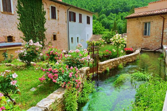 landscape of the medieval village of Rasiglia fraction of Foligno, Perugia, Italy