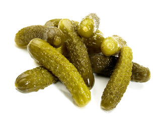 Small pickled Cucumbers on white Background Isolated
