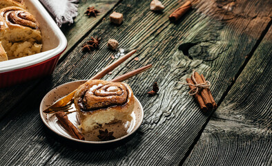 fresh baked cinnamon rolls with vanilla icing, Cinnabon, banner, menu, recipe place for text, top view