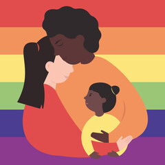 The concept of a happy, friendly LGBT family. Two women hug each other and a little girl. Two mothers and their daughter. A lesbian family. Vector flat illustration