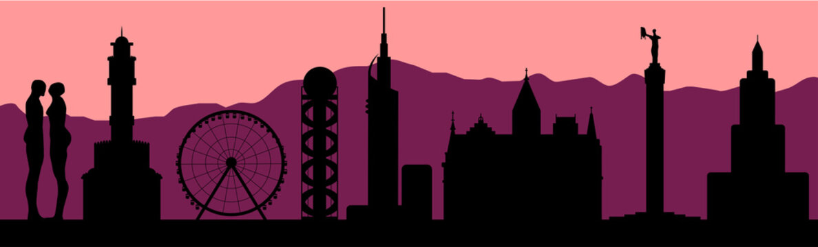 Batumi, Georgia, skyline vector silhouette with famous city attractions on mountains background