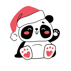 Panda wearing a christmas hat waving hello. vector illustration in flat style isolated on white background.