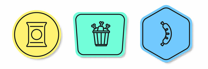 Set line Bag or packet potato chips, Chicken leg in package box and Hotdog. Colored shapes. Vector