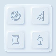 Set line Pizza, Slice of pizza, Bag or packet potato chips and Ice cream in bowl. White square button. Vector