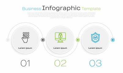 Set line Password protection, Lock monitor and Shield with check mark. Business infographic template. Vector